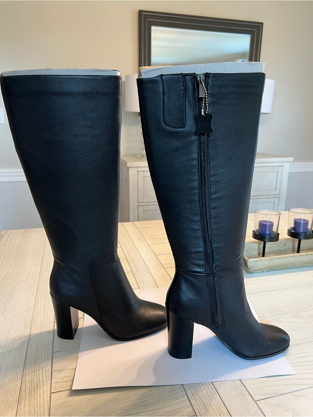 Kenneth Cole Black Tall Leather Block Heel Boots Genuine Leather ** NEW Never Wo